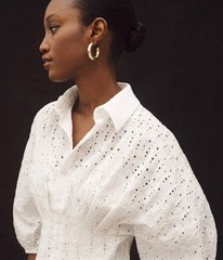 NWT Cal Style Eyelet Button-up Front Cotton Shirt Dress Pockets Lined sz L White