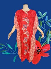 BATIK KERIS Red Floral Boho INDONESIAN 70s Maxi Kaftan Dress Lounger Women&rsquo;s O/S