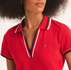 Nautica Women&rsquo;s Solid Stretch Mesh Split Neck Short Sleeve Deck Polo Dress Red