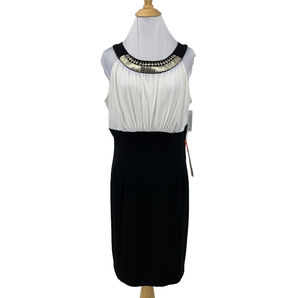 AA Studio Pencil Dress Womens 12 Black Silver Cleopatra Egyptian Collar Back Zip