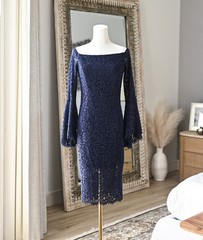 Bardot Navy Lace Off Shoulder Dress US 6 Small Bell Sleeve Cocktail Wedding