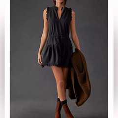 Sundays women’s black knit mini dress sleeveless V-neck lace ruffle trim L
