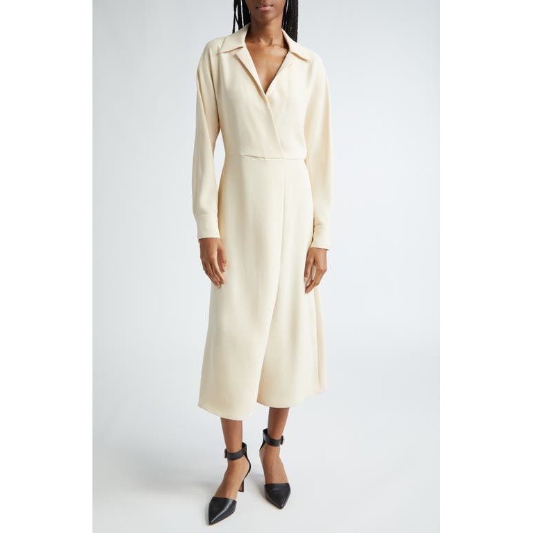 Vince Beige Long Sleeve Wrap Front Midi Dress Collared Elastic Waist Medium