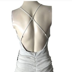 🆕Silver Metallic Threaded Cami Low Cut Ruched Open Back Nylon Mini Dress~Size S