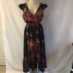 Black floral peacock colorful print short sleeves hi-low maxi dress boho gypsy M