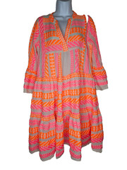 Devotion Twins Embroidered Boho Tunic Dress Neon Festival Gauze Small