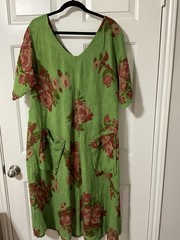 Made In Italy Green With Red Roses Linen Maxi Dress Pockets Lagenlook Beach XL