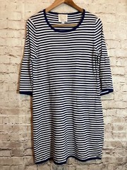 Sail To Sable Dress Womens Large Nautical Navy Striped Bell Sleeve Stretch