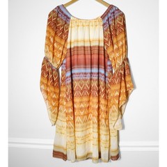 New Directions Long Flutter Bell Sleeve Dress Boho Aztec Rustic Orange Size S