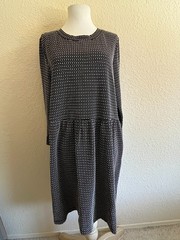 Loft L Black White Dot Stripe Hi Round Neck LS Cotton Blend Knit Button Dress
