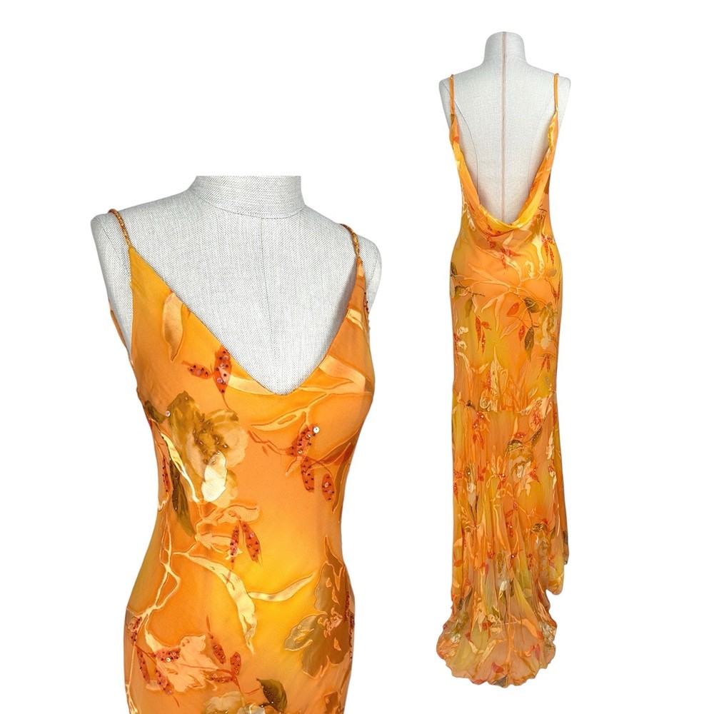 Vintage Sunset Silk Beaded Floral Maxi Dress Backless Y2K Evening Gown