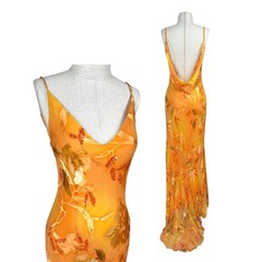 Vintage Sunset Silk Beaded Floral Maxi Dress Backless Y2K Evening Gown
