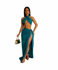 Women’s Teal Solid Halter Sleeveless Cut-Out Side Slit Maxi Dress Size L