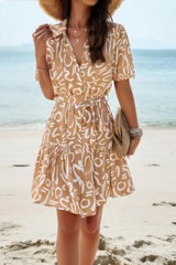 Random Print Button Down Belt Ruffle Midi Dress