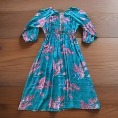 KANTHA BAE O/S 100% Silk Boho Teal Floral Pink Maxi Dress Keyhole Balloon Sleeve