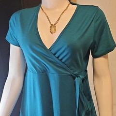West Loop Wrap A-Line Dress Teal Solid V-Neck Cap Sleeve Knee Length M