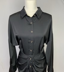 Black Satin Button Down Draped Front Tie Back Midi Shirt Dress Sz Large