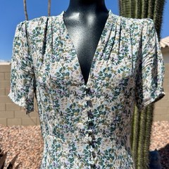 Floret Studios Womens Blue Green Floral Button Front Midi Dress Size Medium