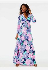Lilly Pulitzer Martinique Long Sleeve V Neck Tiered Maxi Dress Hey Hey Bouquet S