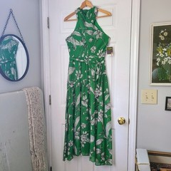 Taylor Floral Sheer Lined Crisscross Ruffle Maxi Dress Sz 6 Kelly Green Flowy