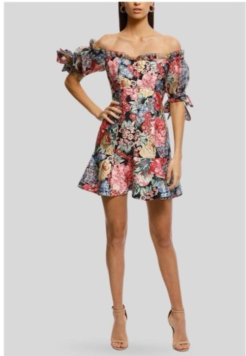 KEEPSAKE The Label Black Hydrangea Runaway Off The Shoulder Mini Dress-6-NWT