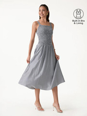 OGL – Striped Poplin Square Neck Smocked Midi Bra Dress – FreeShip