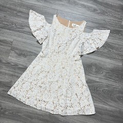 Eliza J Cream Cold Shoulder Flutter Sleeve Fit Flare Lace Nude Beige Dress 8 M