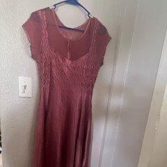 Sheer Pleated Mauve Midi Dress Scoop Neck Short Cap Sleeve Pullover Women