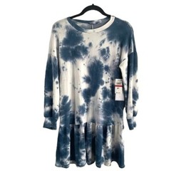 1 State Sz XS Blue Tie Dye Dress Ruffle Hem Long Sleeve Hippie Boho Casual
