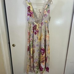 H&M Floral Summer Cotton Linen Maxi Dress Fully Lined Adjustable Long Large / L