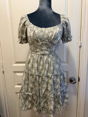 Trixxi Green White Floral A-Line Square Neck Puff Sleeve Smocked Dress S