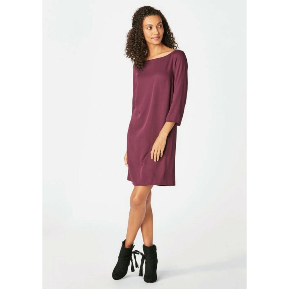 NEW JustFab Women&rsquo;s XS Boysenberry Shift Dress 3/4 Sleeves Basic Rayon Boatneck