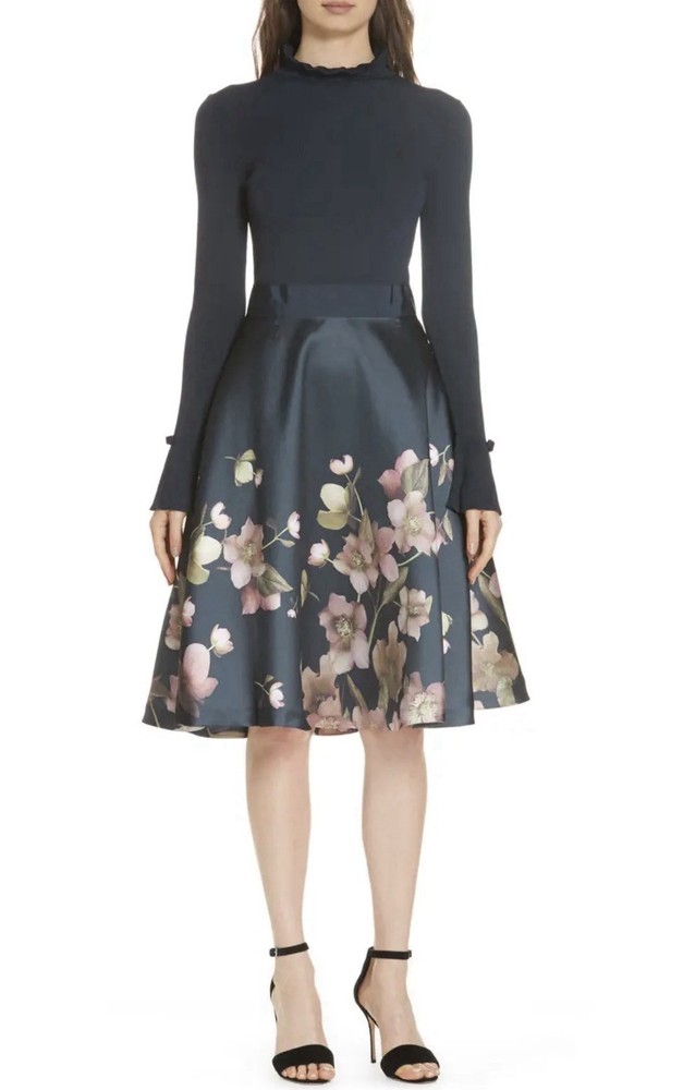 Ted Baker Seema Arboretum Knitted Bodice Dress Navy Blue Floral 1