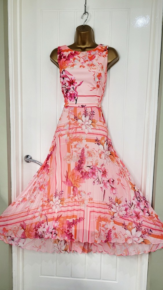 Roman size UK 12 pink pleated dipped hem summer holiday occasion dress floral
