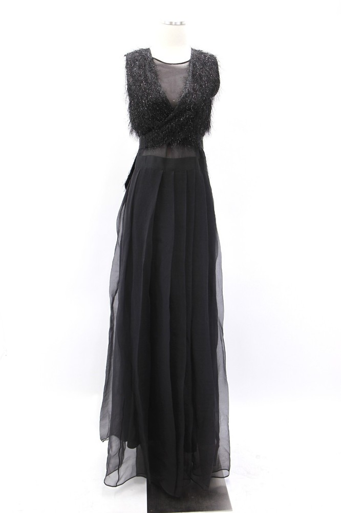 NWT$3795 Brunello Cucinelli 2In1 100% Silk Chiffon Gown W/Shiny Fringe Vest A181