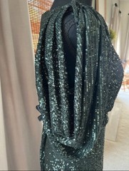 Green Sequin V-Neck Maxi Dress Half Sleeve Slit Zip Polyester Size 12