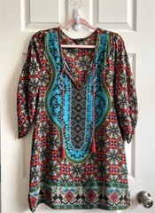 TOLANI 100% Silk Vibrant Bohemian Print Tassle Tunic Top Kaftan Dress Sz M