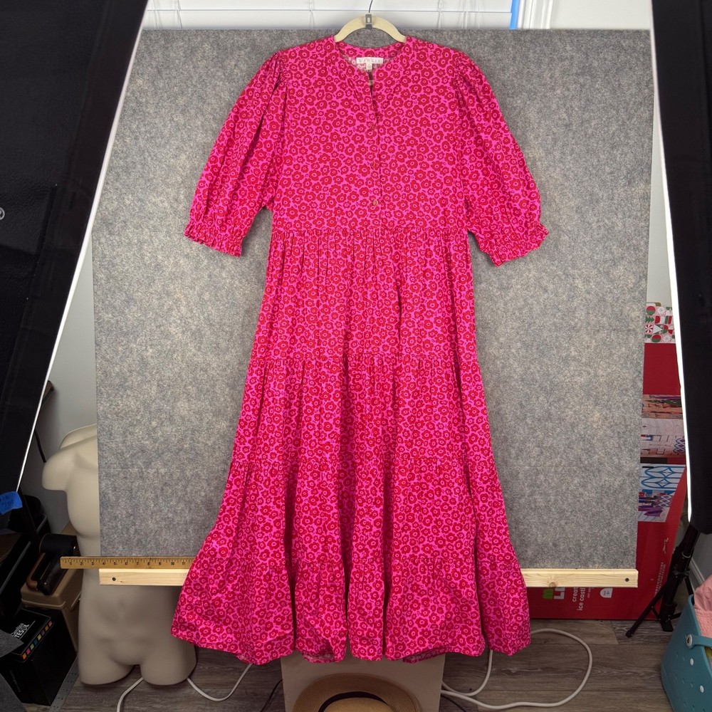 Karlie Tiered Maxi Dress Elbow Sleeves Pink Red Floral Size Large 701