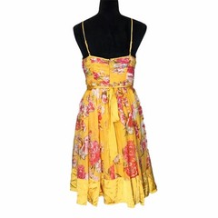 Silk Dress LARGE Yellow Gold Red Gray Floral Empire Pleat Full Skirt Sundress