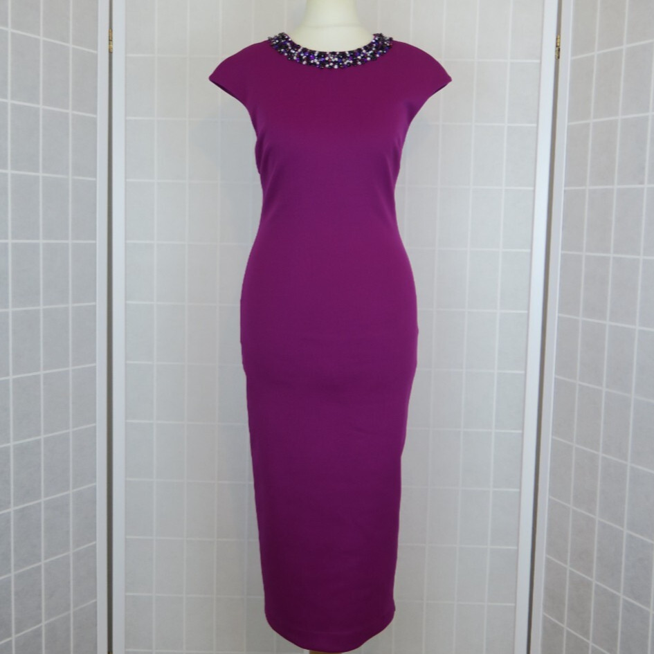 Ted Baker Dress Size 1 UK 8 Magenta Jewelled Neck Bodycon Midi Party Cocktail