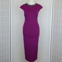 Ted Baker Dress Size 1 UK 8 Magenta Jewelled Neck Bodycon Midi Party Cocktail