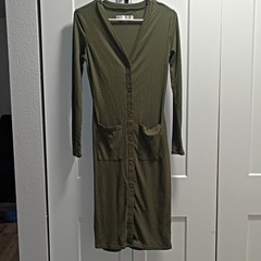 No Boundaries Green Ribbed Knit Button Front V-Neck Shirt Dress Pockets S