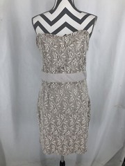 Romy Beige Lace Floral Side Zip Lined Strapless Dress Large