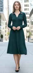 Eliza J. NWT forest green rhinestone v-neck long sleeve midi fit flare dress L