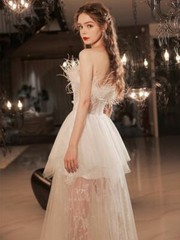 Gorgeous Chic Wedding Gown White Feather Tulle Embroidery Floral Evening Dresses