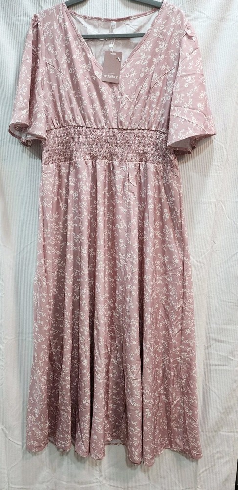 Yes fashion Pink Mauve Floral Print Flutter Sleeve Smocked Waist Front Slit Size