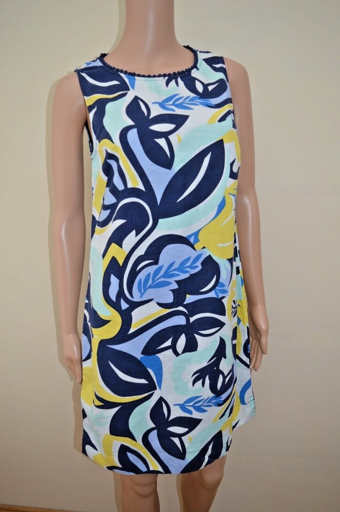 M&S Collection Floral Blue Yellow White Linen Blend Tunic Dress UK 8 Short