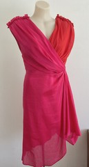 LEO LIN Silk Midi Dress Pink Red Draped Asymmetric Grecian Party Size AU 12 L