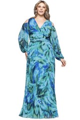 Xscape Plus Size Printed Cold-Shoulder Dress – Turquoise/Navy