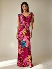 Natasha Gan Maxi Dress AU 10 Pink Tropical Palm Print Rayon Cowl Neck Summer
